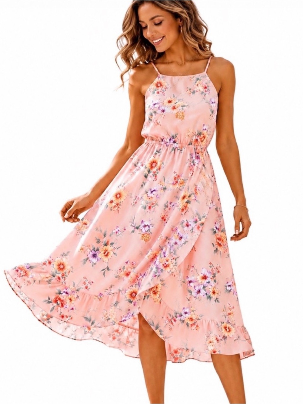 Lush Floral Halter High-Low Midi Dress Blush Pink S